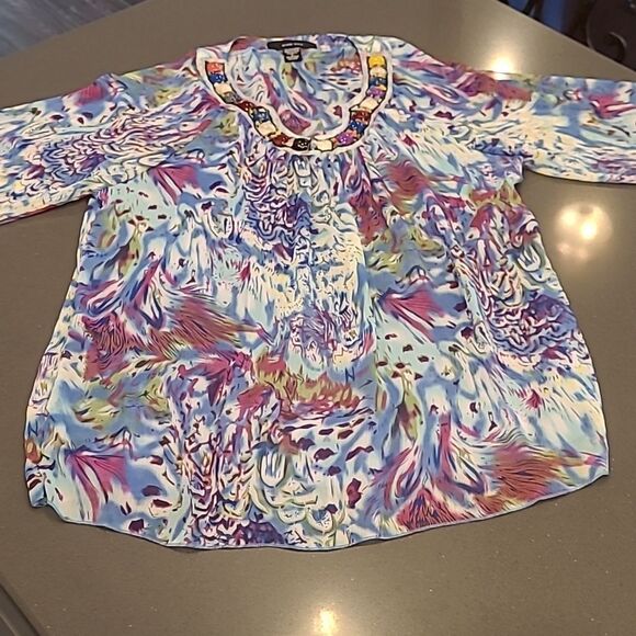 KAK TUS sz XL colorful embellished neckline tunic top - Picture 5 of 10